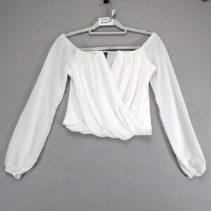 Windsor White Structured V‎ Surplice Blouse Womens M Sheer Puff Sleeve Cropped